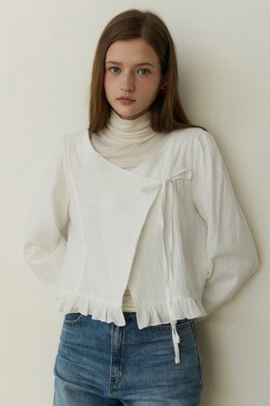 Frill wrap ribbon jacquard blouse - white