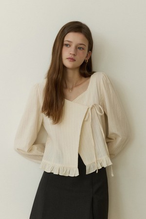 Frill wrap ribbon jacquard blouse - cream