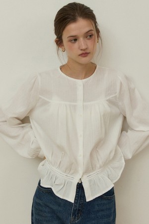 Jacquard shirring lace stripe blouse - white