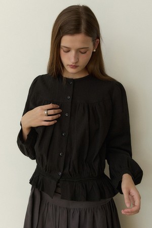 Jacquard shirring lace stripe blouse - black