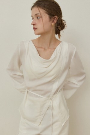 Drape neck belted blouse - white