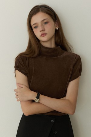 Velvet half pola sleeve shirring t shirts - 2color
