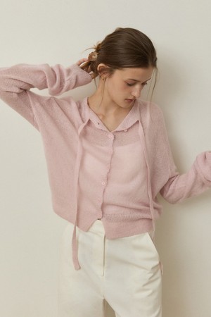 Fluffy yarn ribbon neck loose fit cardigan - palepink