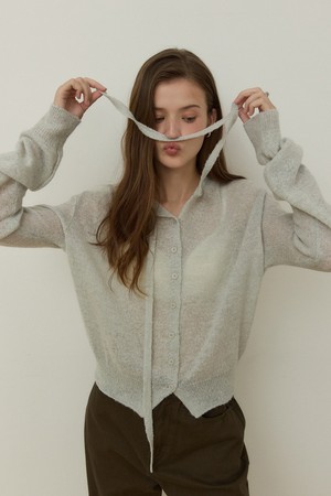 Fluffy yarn ribbon neck loose fit cardigan - melange grey