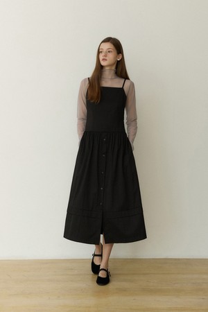 Thin line raw rise button long dress - black