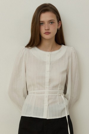 Lace stripe pintuck belt blouse - white