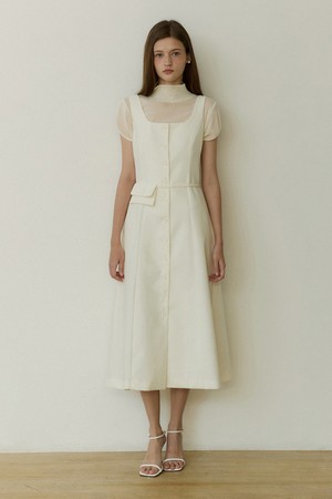 Solid tweed line belt back set long dress - ivory