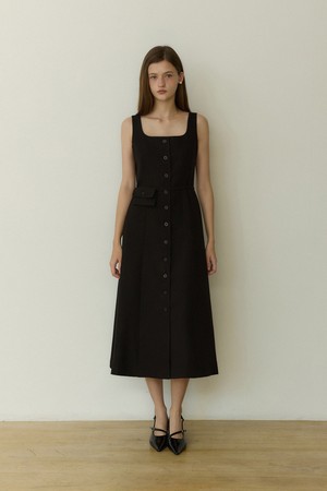 Solid tweed line belt back set long dress - black