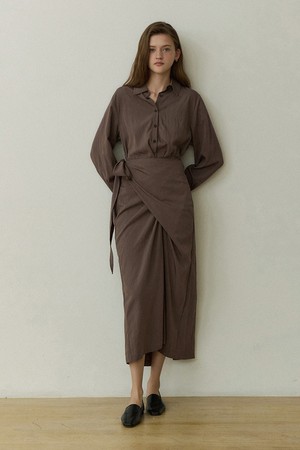 Modern shirts collar lap long dress - moca