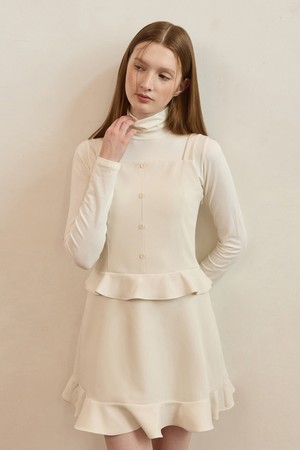 Button double flare line mini dress - ivory