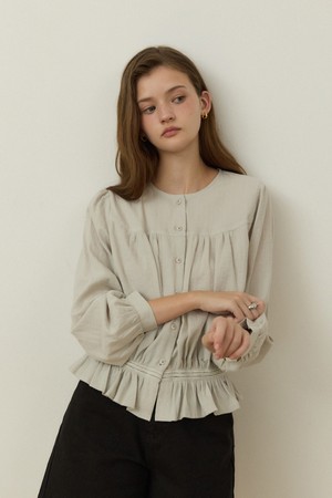 Jacquard shirring lace stripe blouse - ash khaki