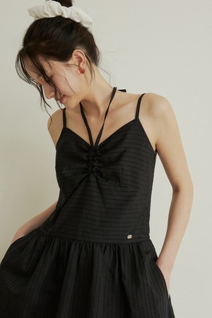 Front drawstring sleeveless long dress - deep navy