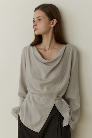 [32차 리오더] Drape neck belted blouse - light grey
