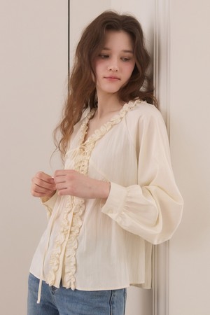 Frill line v neck ribbon blouse - cream