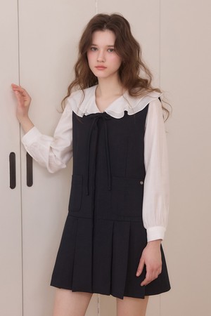 Hidden button ribbon pleats midi dress - navy