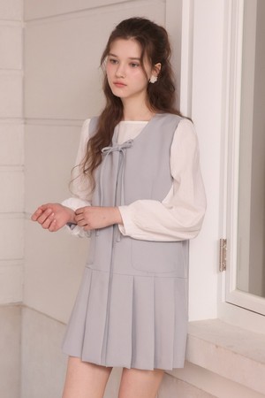 Hidden button ribbon pleats midi dress - ash blue