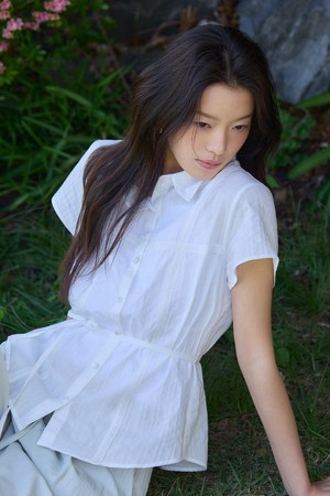 Cross lace see through belted blouse - white