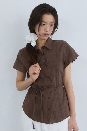 Cross lace see through belted blouse - brown