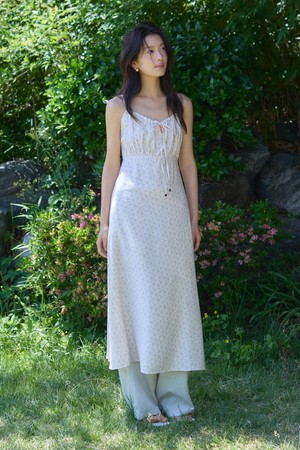 Vintage pattern shirring ribbon dress - vintage pink