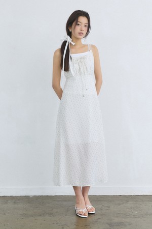 Vintage pattern shirring ribbon dress - white