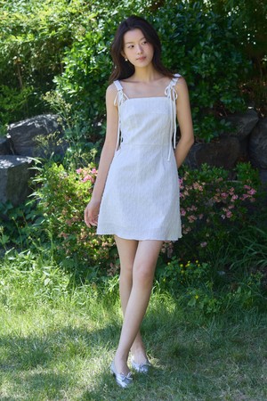 Dot jacquard ribon mini dress - white