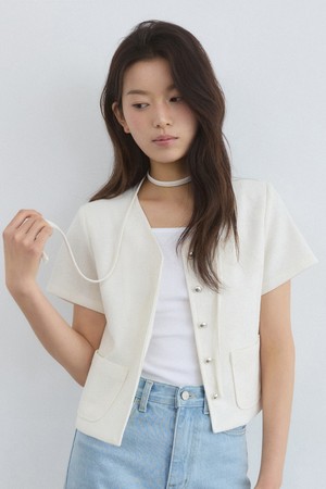 V neck choker half tweed jacket - ivory