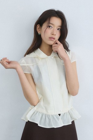 Sheer texture frill hood blouson - cream