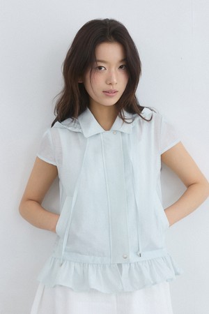 Sheer texture frill hood blouson - ash blue