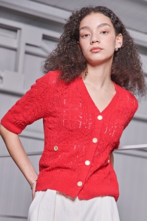 [22SS]  BOUCLE CROCHET KNIT CARDIGAN RED [U2M0K20124]