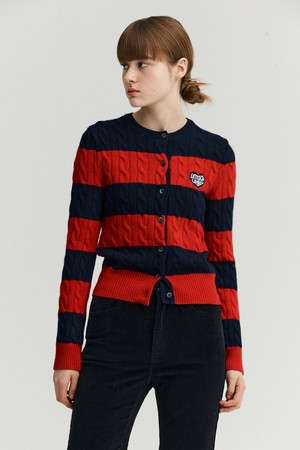 [22FW] HEART LOGO CABLE KNIT CARDIGAN_RED&NAVY STRIPE [U2F0K20156]