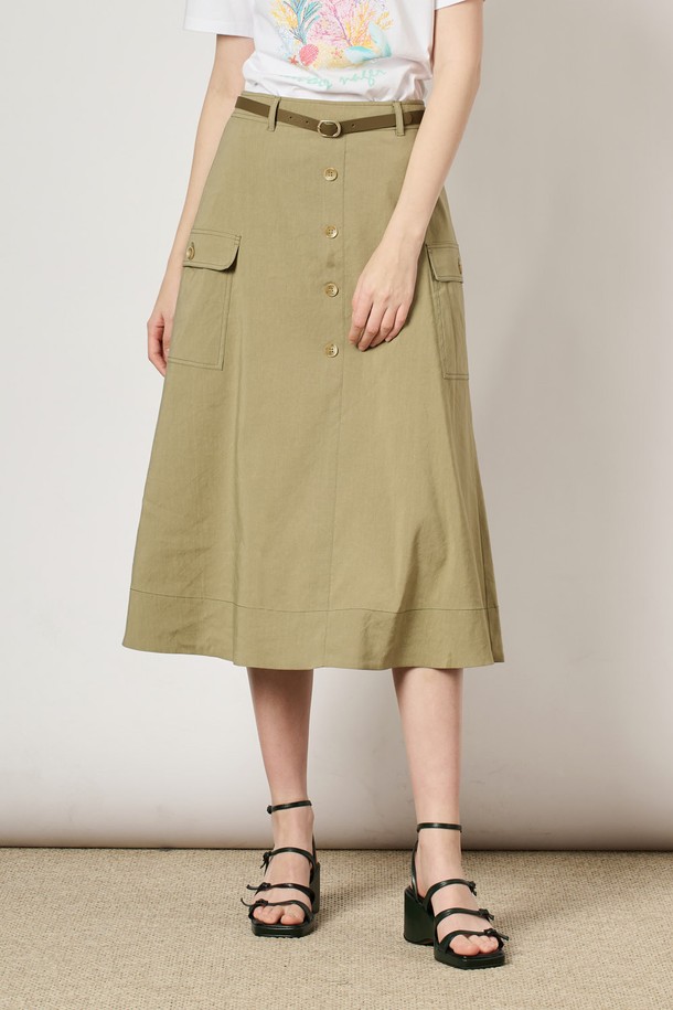 BCBG - 미디스커트 - [24SU]스티치 라인 플레어 스커트 - Light Khaki B4M4S22381