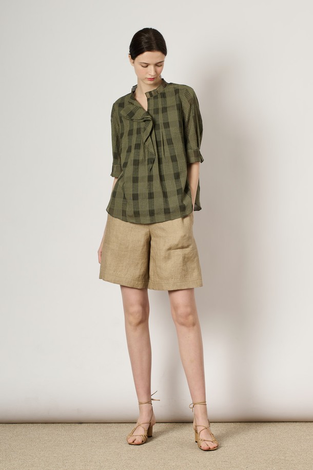 BCBG -  - [24SU]체크 프릴 블라우스 - Khaki B4M4B42245