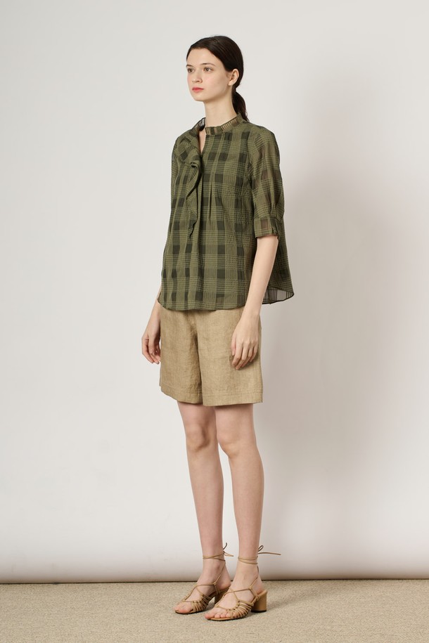 BCBG -  - [24SU]체크 프릴 블라우스 - Khaki B4M4B42245