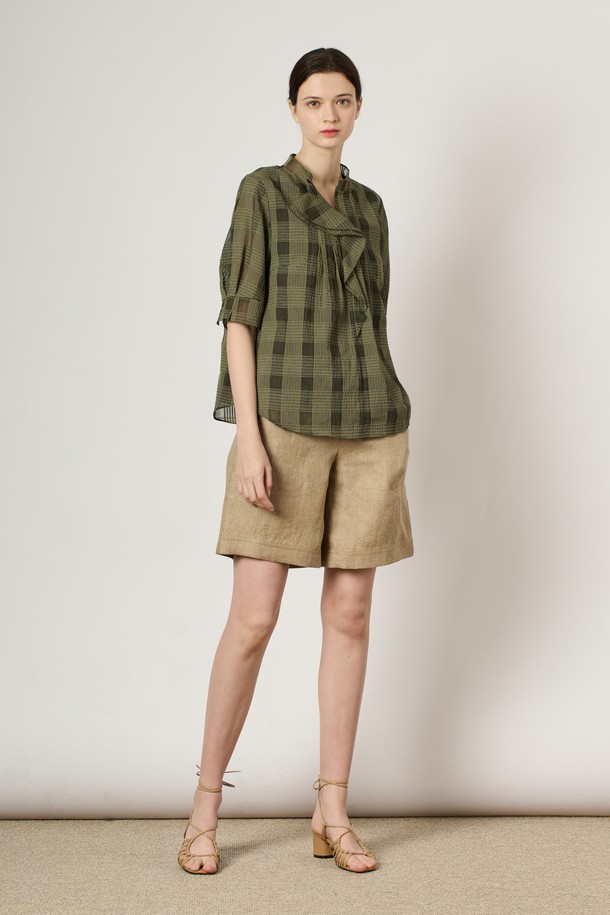 BCBG -  - [24SU]체크 프릴 블라우스 - Khaki B4M4B42245