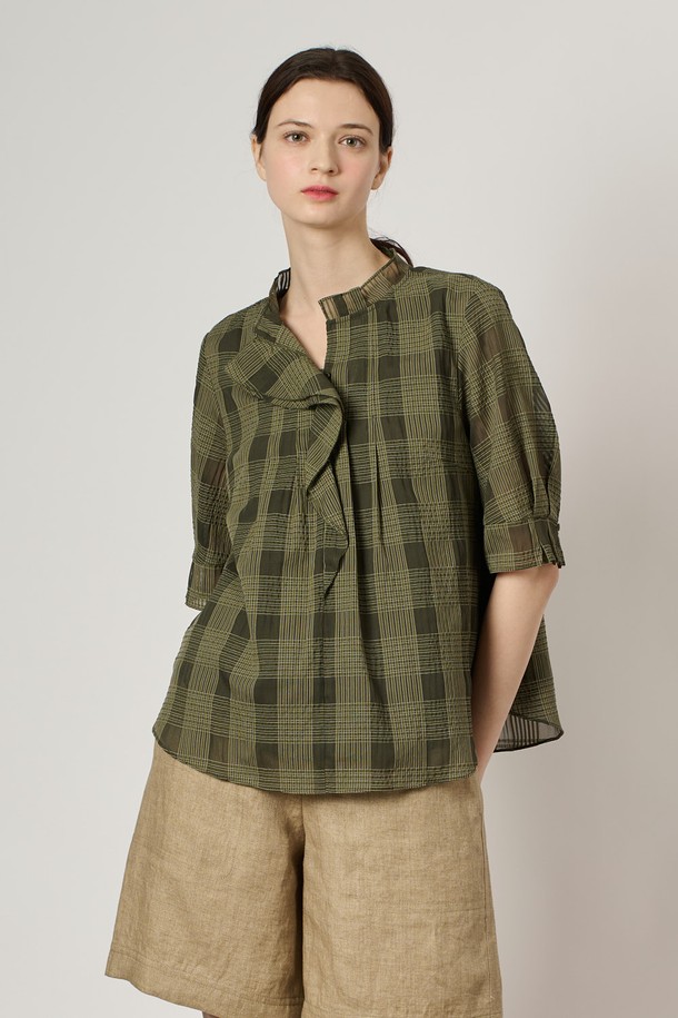 BCBG -  - [24SU]체크 프릴 블라우스 - Khaki B4M4B42245