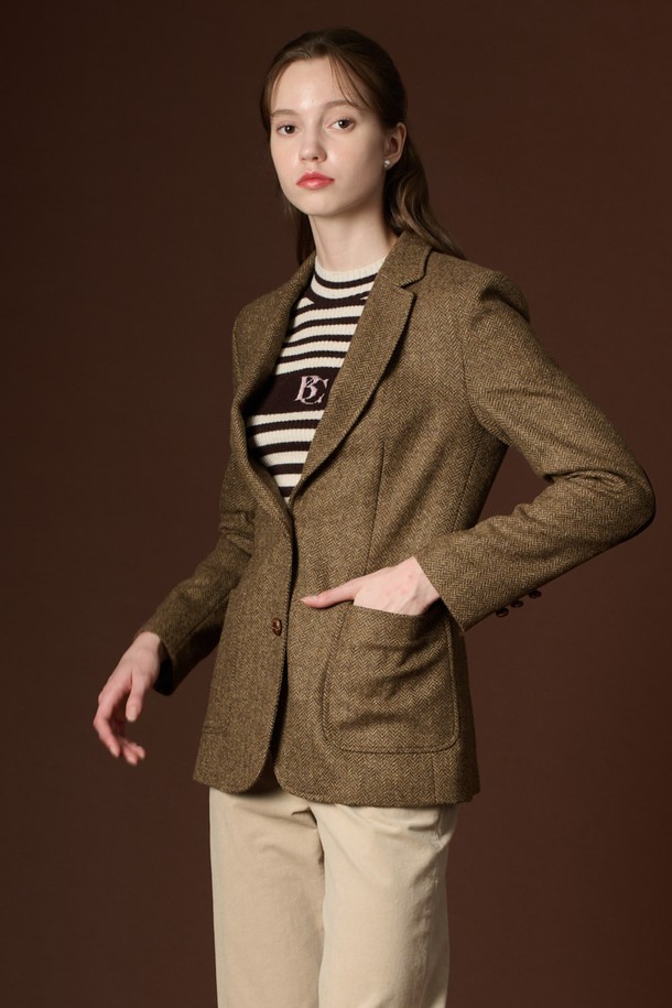 BCBG - 자켓 - [23WT]헤링본 싱글 자켓_M/Brown B3W9J10479