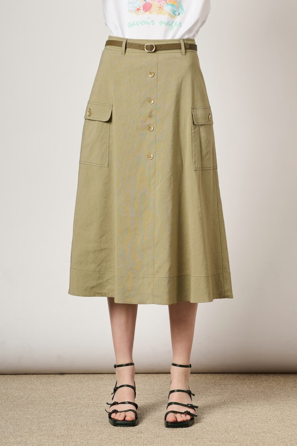 BCBG - 미디스커트 - [24SU]스티치 라인 플레어 스커트 - Light Khaki B4M4S22381