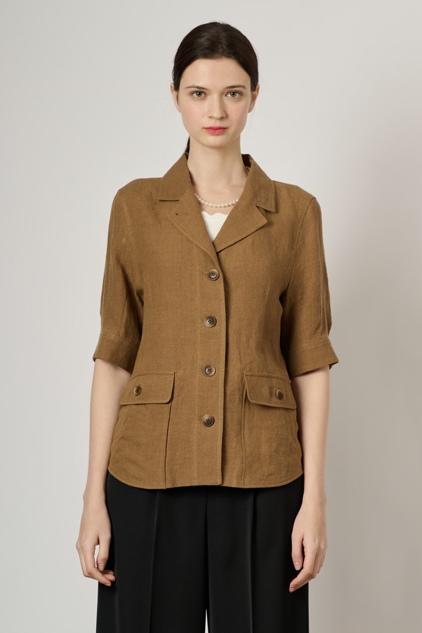 BCBG - 자켓 - [24SU]오픈 카라 린넨 자켓 - Dark Beige B4M4J12373