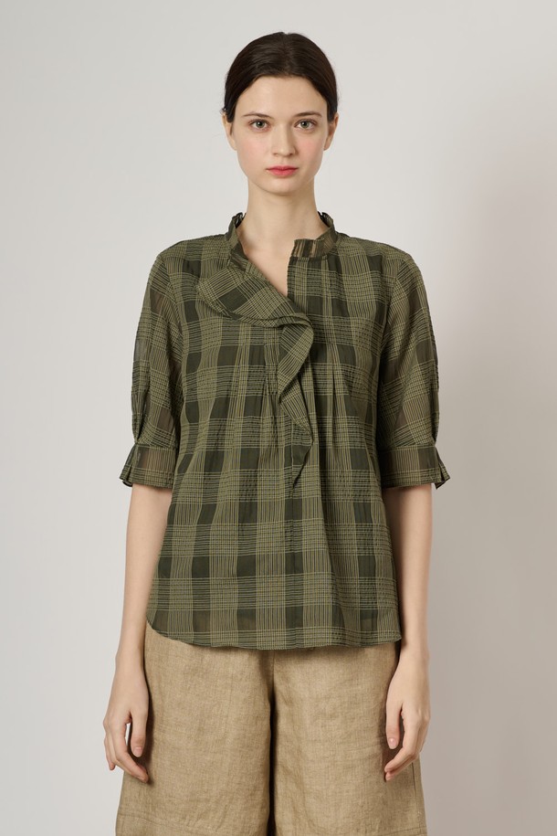 BCBG -  - [24SU]체크 프릴 블라우스 - Khaki B4M4B42245