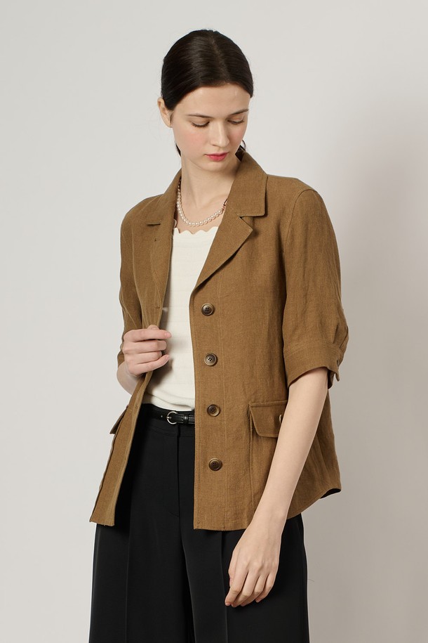 BCBG - 자켓 - [24SU]오픈 카라 린넨 자켓 - Dark Beige B4M4J12373