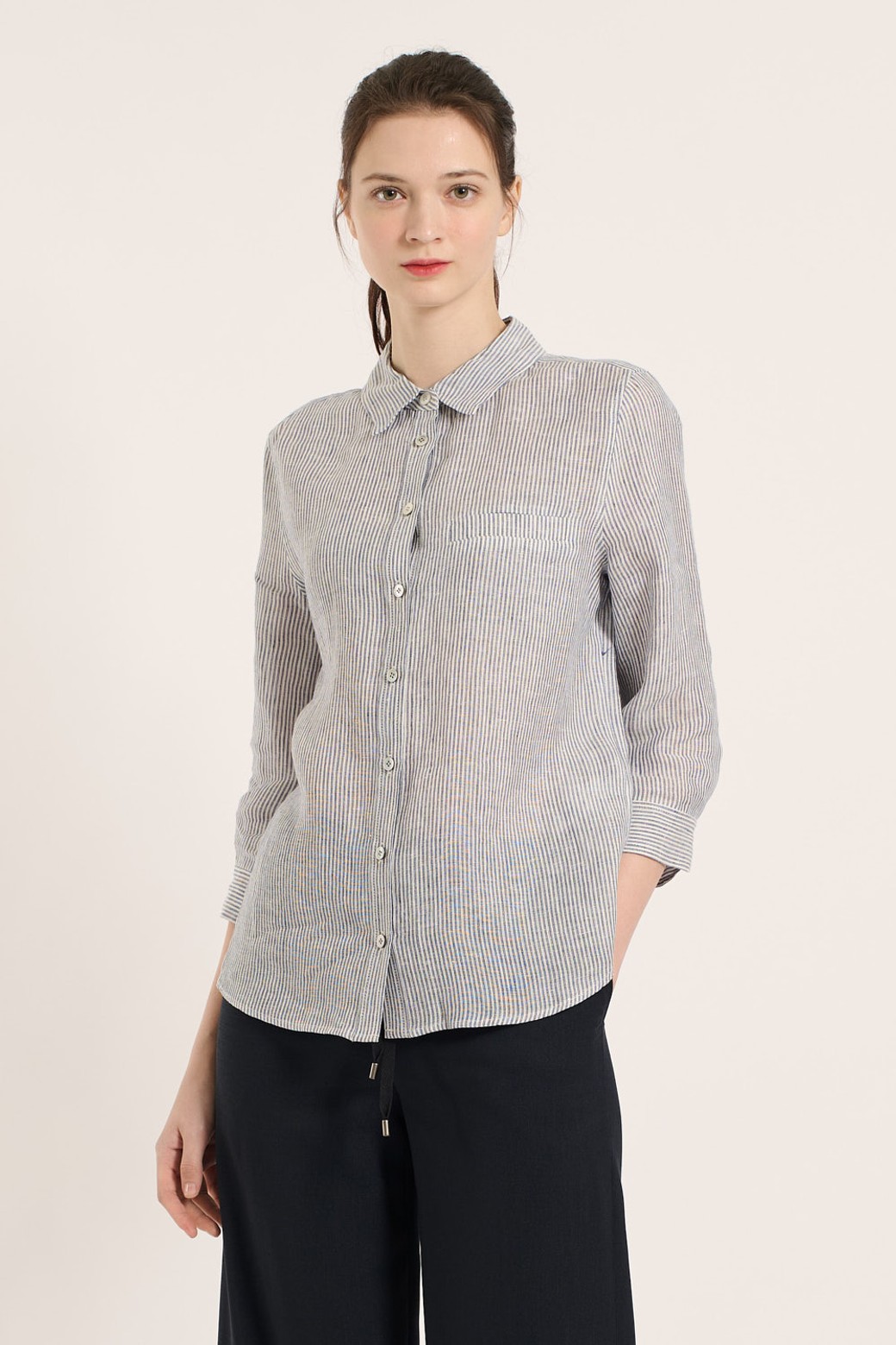 BCBG - 셔츠 - [25SM] 린넨 스트라이프 셔츠 - NAVY B5B3B47455