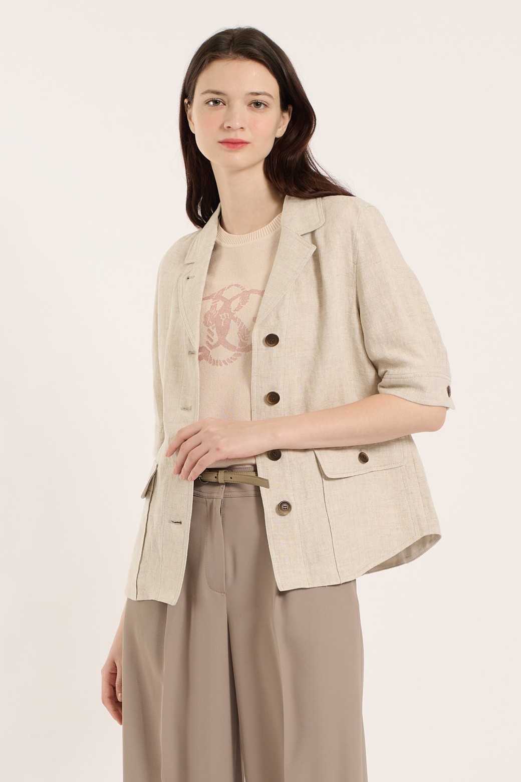 BCBG - 자켓 - [25SM] 아웃포켓 반팔 자켓 - OATMEAL B5B4J12377