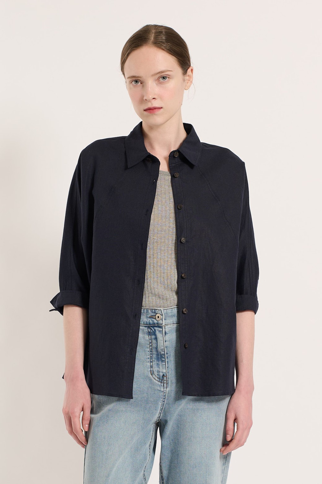 BCBG - 셔츠 - [25SU] 사선 린넨 셔츠 - NAVY B5M4B48455