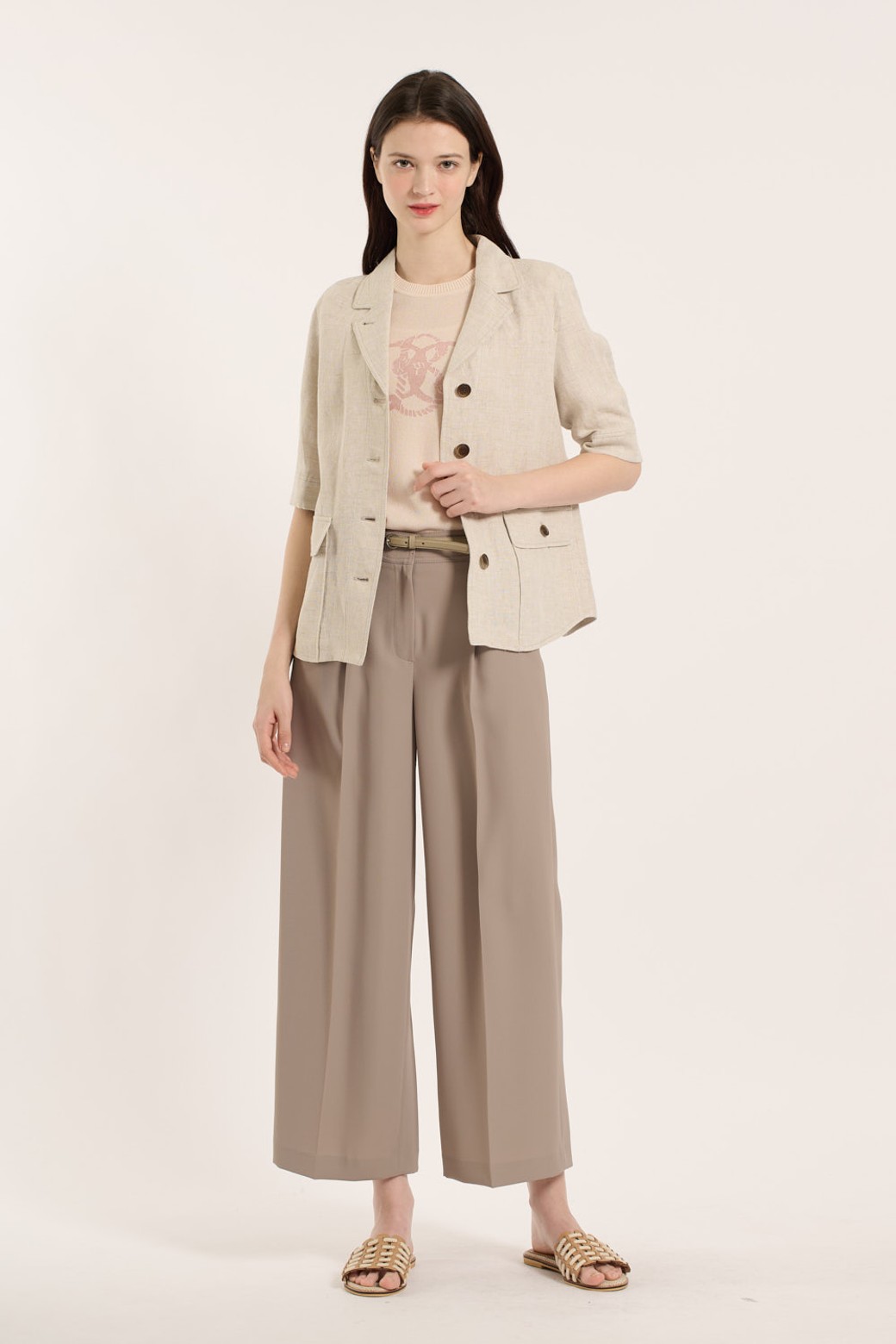 BCBG - 자켓 - [25SM] 아웃포켓 반팔 자켓 - OATMEAL B5B4J12377