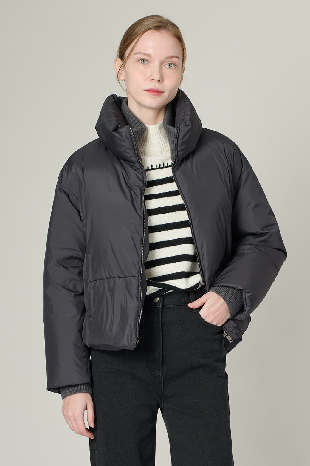 ALL&SUNDRY - 패딩 - [24WT] 니트 배색 구스다운 - CHARCOAL GRAY A4W9F80698