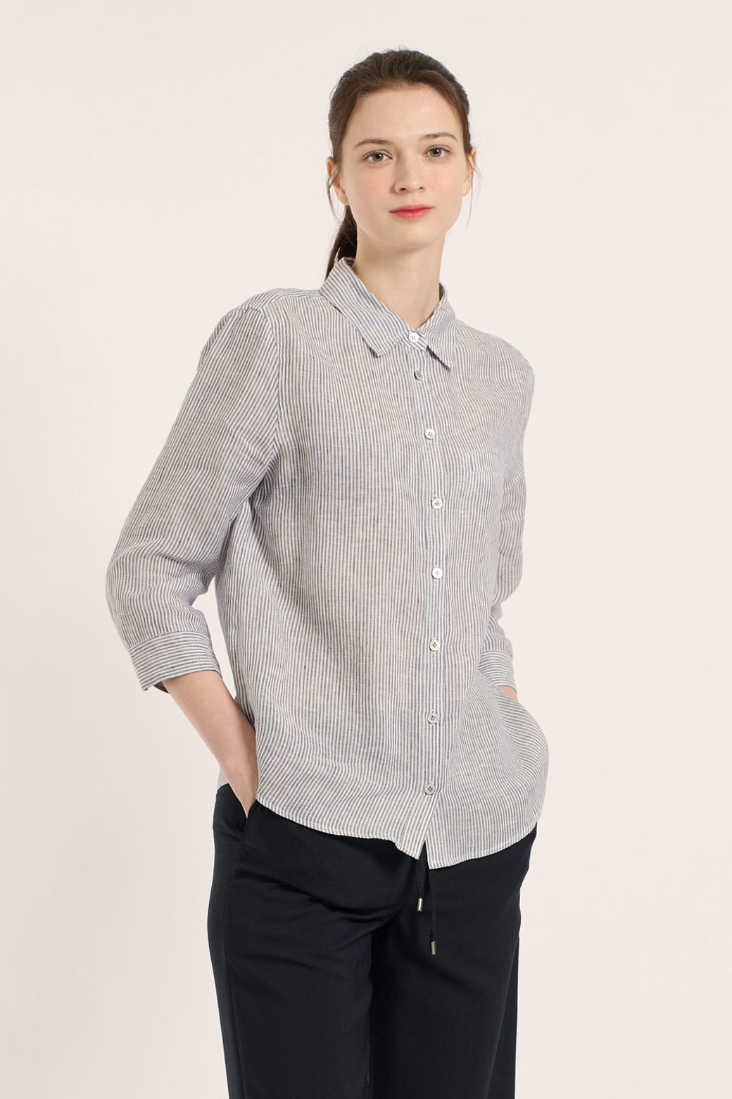 BCBG - 셔츠 - [25SM] 린넨 스트라이프 셔츠 - NAVY B5B3B47455