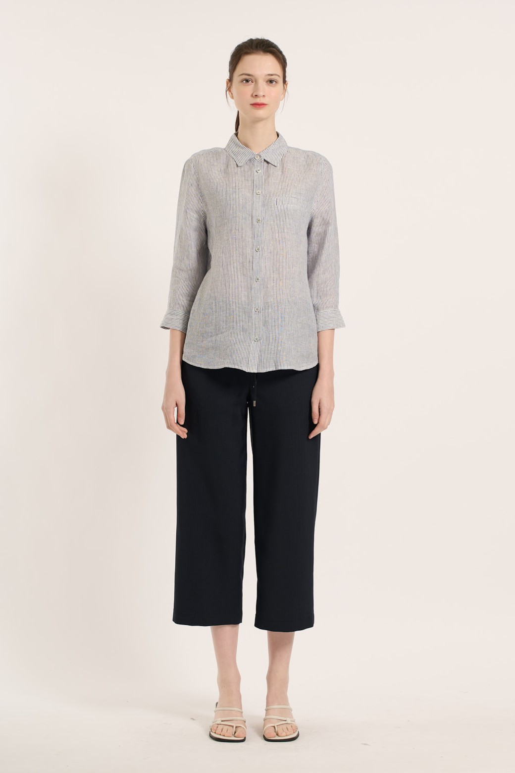 BCBG - 셔츠 - [25SM] 린넨 스트라이프 셔츠 - NAVY B5B3B47455
