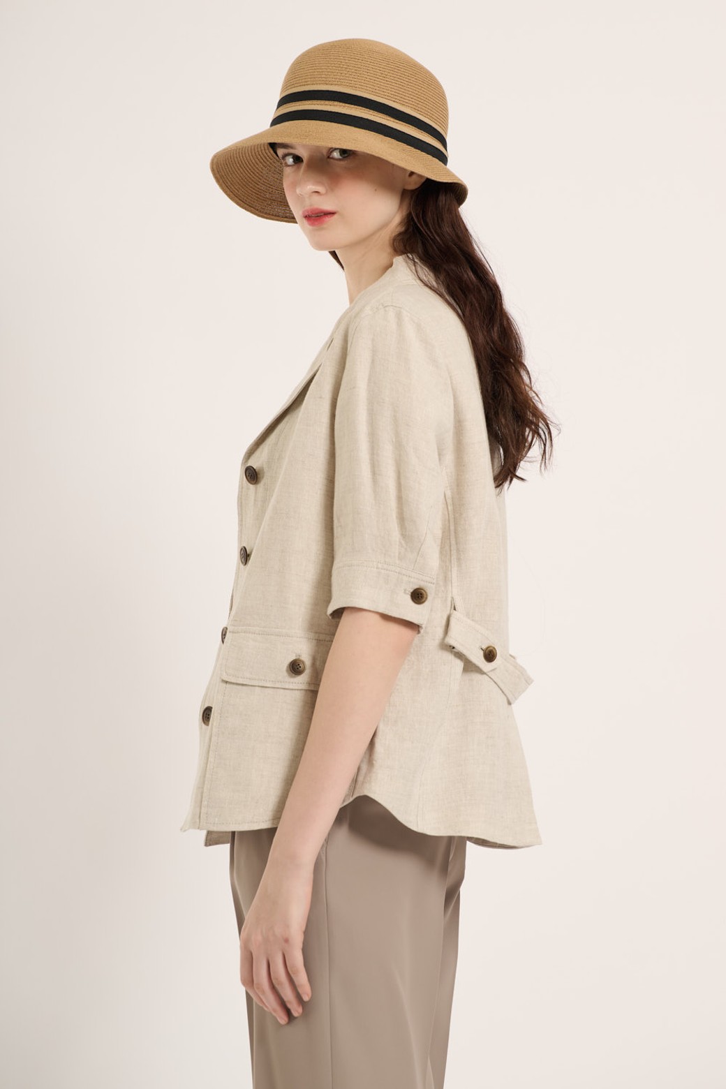 BCBG - 자켓 - [25SM] 아웃포켓 반팔 자켓 - OATMEAL B5B4J12377