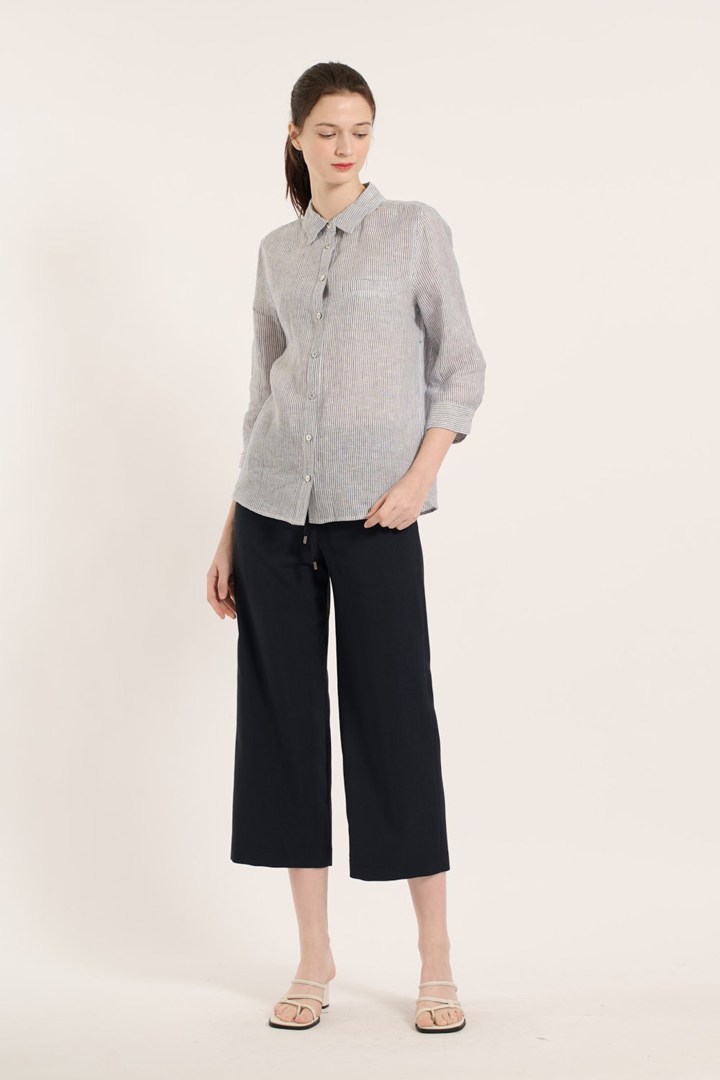 BCBG - 셔츠 - [25SM] 린넨 스트라이프 셔츠 - NAVY B5B3B47455