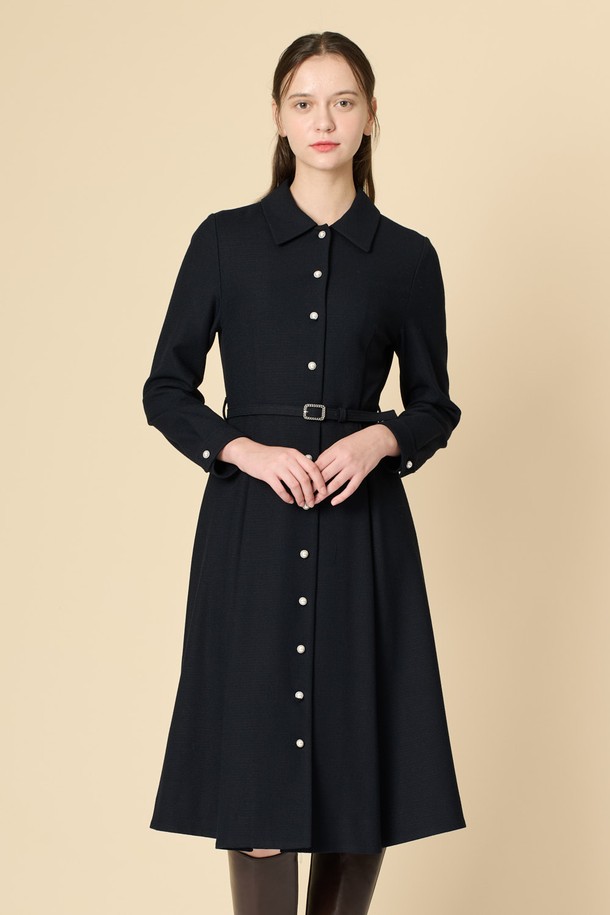 BCBG - 긴소매 원피스 - [24WT]울 블랜드 벨티드 원피스 - DARK NAVY B4W9O61056